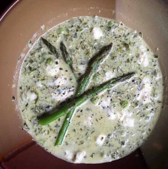 Grilled endive and asparagus soup with fresh peas and blue cheese